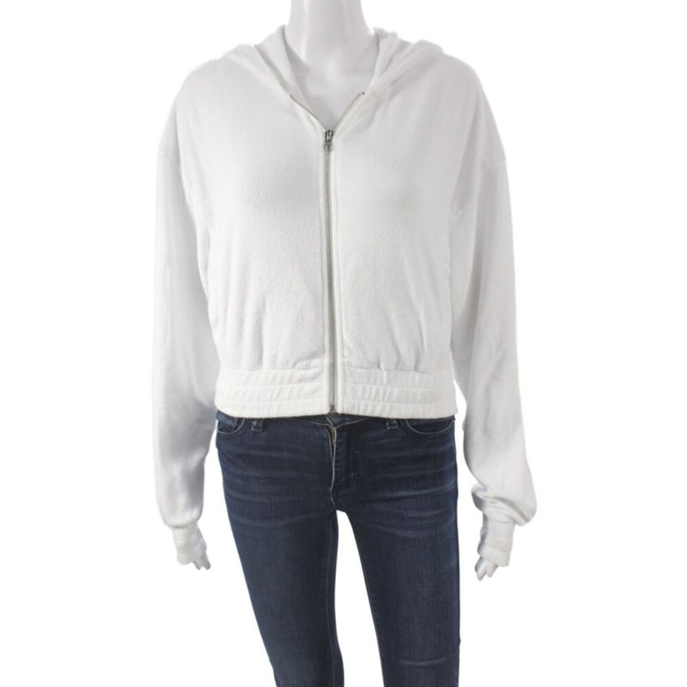 WSLY Women Full Zip Hoodie White High Neck Long Sleeve 60% Cotton Size XS